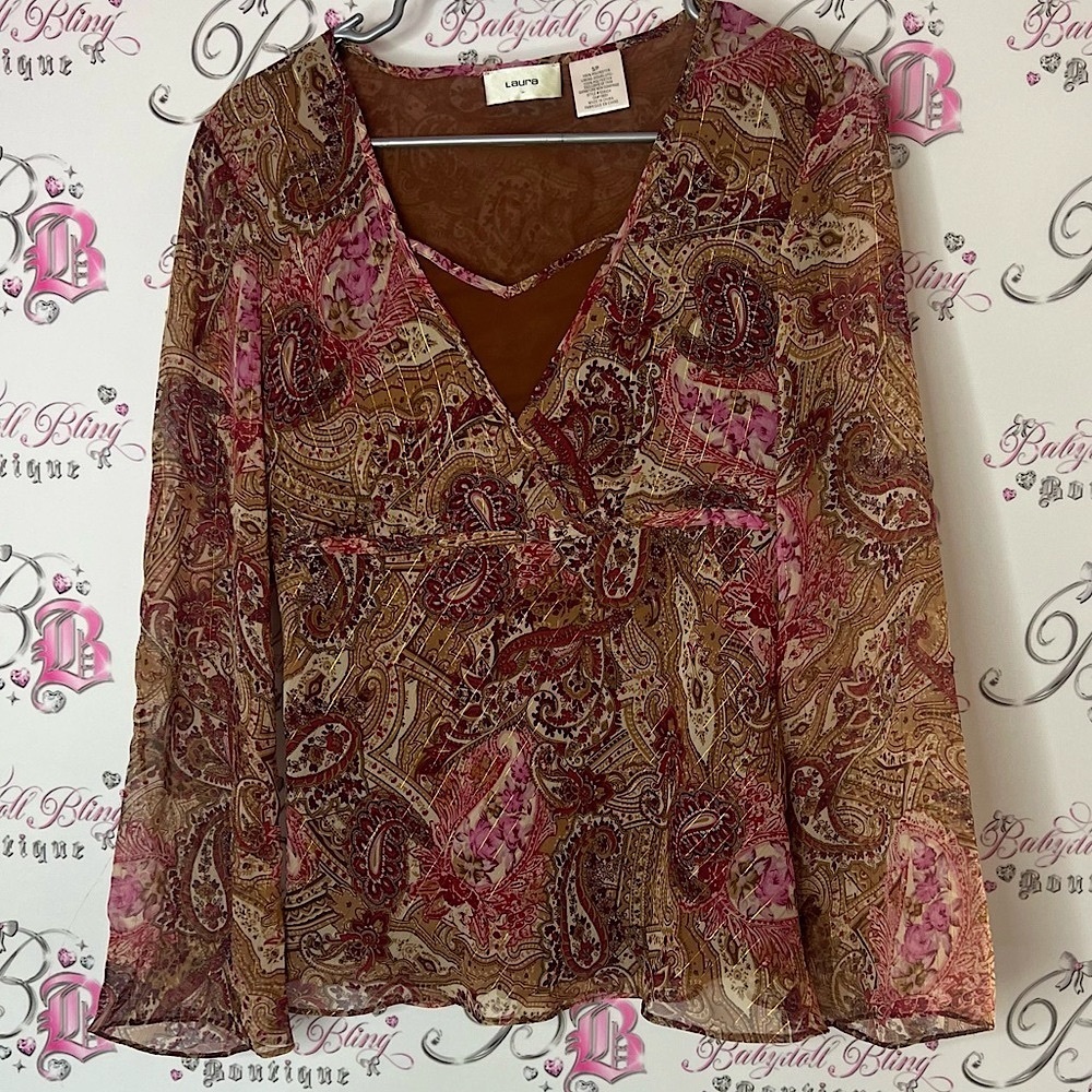 Laura long sleeve blouse shirt shiny gold Paisley V-Neck Blouse - Pink and Brown